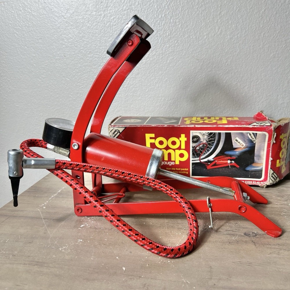 Vintage 1980s Foot Pump with Pressure Gauge Tire Inflator w Box Excellent Cond.